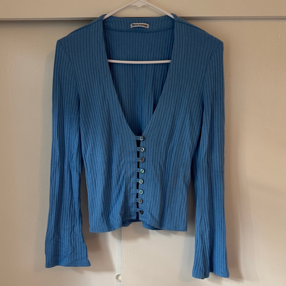 REFORMATION Blue Button-Down Ribbed Shirt
